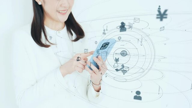 Communication network concept with woman using smartphone