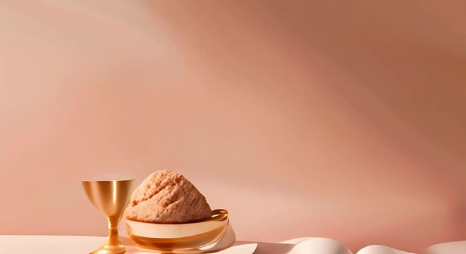 An open bible and chalice with bread in a golden color AI Generative