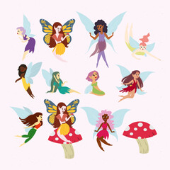 Fototapeta na wymiar Vector set of illustrations of cute girly fairies. Flying fairies. Different poses, fairies with different dresses, hair. white background. Set of mythological or folkloric winged magical creatures