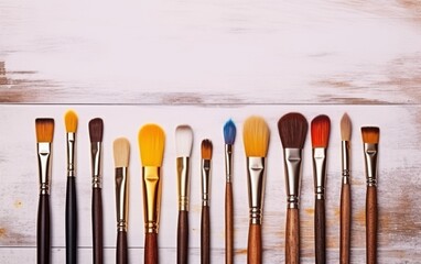 Set of artistic paint brushes on wooden table