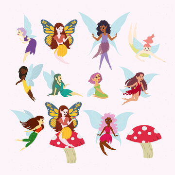 Vector set of illustrations of cute girly fairies. Flying fairies. Different poses, fairies with different dresses, hair. white background. Set of mythological or folkloric winged magical creatures