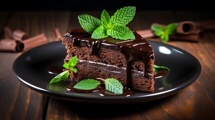 Piece of chocolate cake with mint leaf on plate
