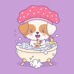 Funny smiling dog wearing pink shower cap bathes in bath with foam and rubber duck toys. Cute cartoon animal character. Vector illustration. Kids collection. Fun and water treatments in bathroom