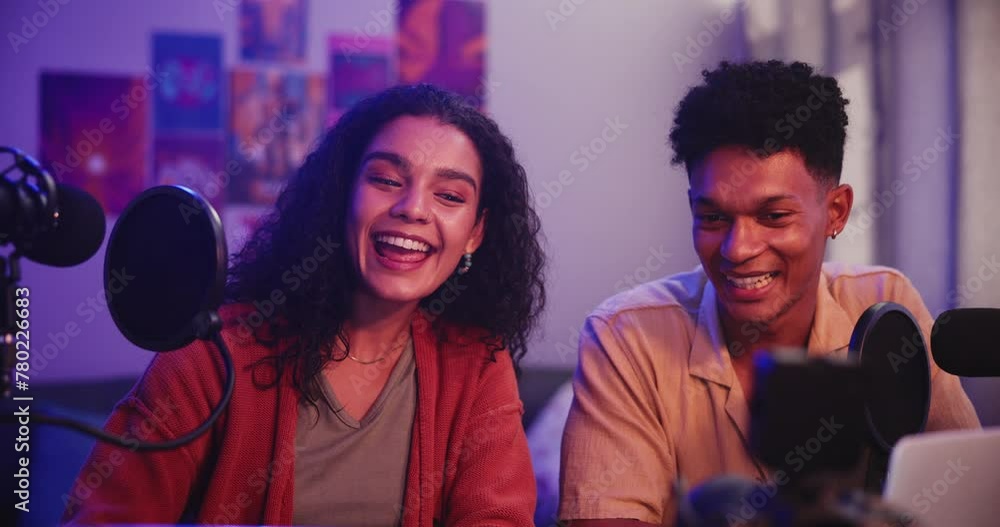 Poster Podcast, man and woman in live stream with mic, conversation and hosting online radio talk show in home. Interview, broadcast and happy people vlogging with microphone chat, tech and content creation