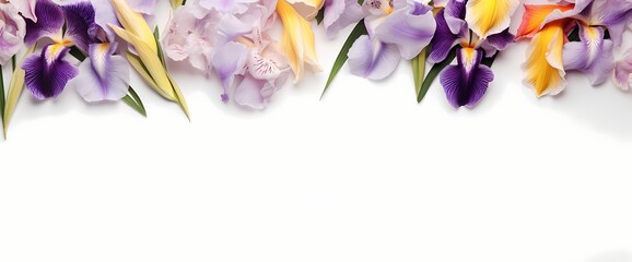 Top view of a bunch of irises in various hues against a clean white backdrop, providing room for your personalized text.