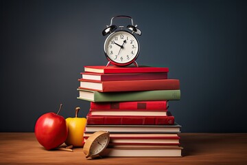 back-to-school background stacked pile of books, alarm clock, Apple Pencil poised for note-taking,...