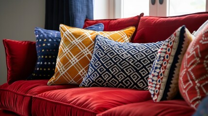 A red velvet couch sits proudly in the corner adorned with embroidered throw pillows in a variety of bold geometric patterns. The sharp angles of the couch contrast beautifully with . - obrazy, fototapety, plakaty