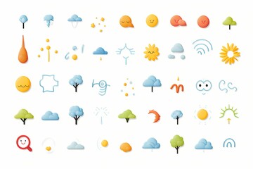 A series of colorful, minimalistic vector symbols representing various weather conditions, each presented on a white solid background
