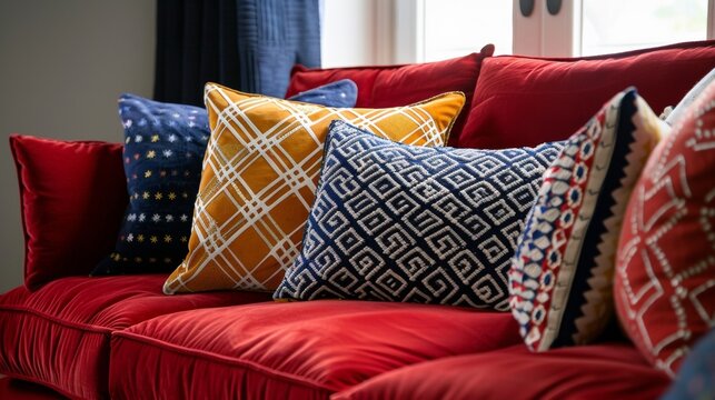 A red velvet couch sits proudly in the corner adorned with embroidered throw pillows in a variety of bold geometric patterns. The sharp angles of the couch contrast beautifully with .