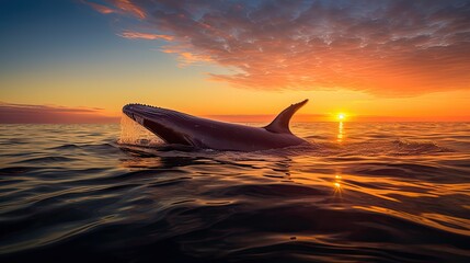 Blue Whale majestically swimming near the surface of the ocean during a breathtaking sunset, with...