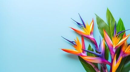 Top view of a bunch of colorful bird of paradise flowers against a simple, colorful background, ideal for adding your message.
