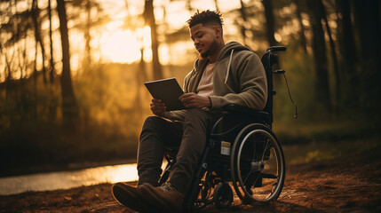  English young artist side wearing trendy denim outfit straight hairs sits on wheelchair reading a books In the ambiance of golden hours. natural face texture by the HD camera. - obrazy, fototapety, plakaty