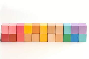 A row of colorful wooden building blocks arranged in a line isolated on white solid background