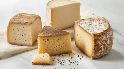 Vivid display of cheese textures, featuring the rich depth of Gruyere, airy Emmental, and sharp Cheddar