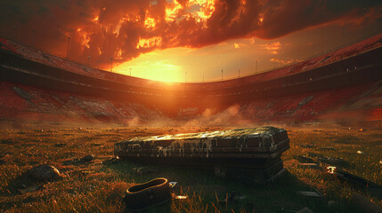 Coffin in center of red stadium, wide angle, eerie twilight, solemn atmosphere