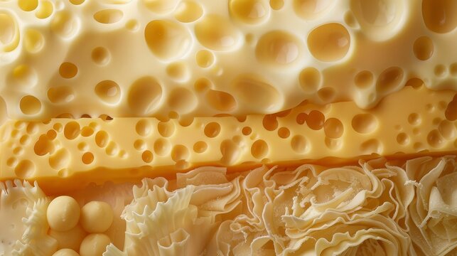 A tapestry of cheese textures, from the grainy touch of aged Cheddar to the soft holes of Emmental, cheese display