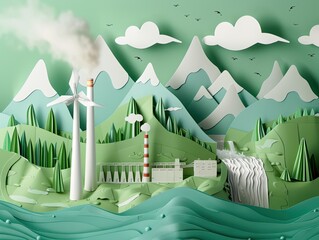 A series depicting various renewable energy installations from geothermal plants to tidal power - obrazy, fototapety, plakaty