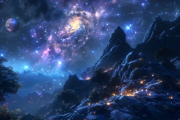 Enchanting Celestial Landscape:A Mesmerizing Interstellar Dreamscape Filled with Glowing Stars and Cosmic Wonders