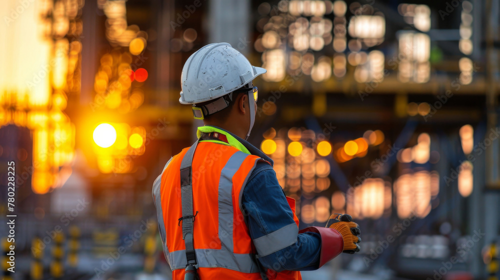 Poster an engineer in a reflective vest and hardhat inspecting a site at sunset with industrial structures 