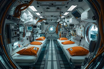 Interconnected Modules of Advanced Space Station Housing Scientific Laboratories for Astronaut Experiments - obrazy, fototapety, plakaty