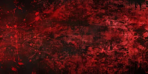 Fotobehang Red splatter background, dark red and black grunge, dark texture, dark grungy background, red background, red texture wall vintage, horror, halloween background,blood  banner © Nice Seven