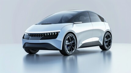 Concept of electric car in 2050, compact light white hatchback - obrazy, fototapety, plakaty