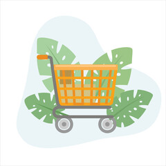 Cart flat design vector Illustration Icon decorated with leaves for web use for market, business, carry, purchase, super market, shop.
