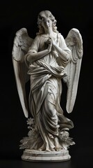 White classic sculpture of the full-length angel made of shining marble isolated on black background