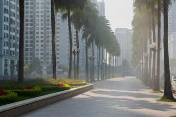 Pavement with the group of high rise apartment buildings in Hanoi, Vietnam