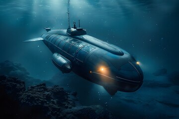 Fototapeta premium Sleek Submersible Vessel Glides Through Mysterious Underwater Realm,Blending Into the Depths