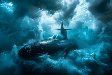 Submarine Navigating Silently Through Tumultuous Oceanic Depths - obrazy, fototapety, plakaty