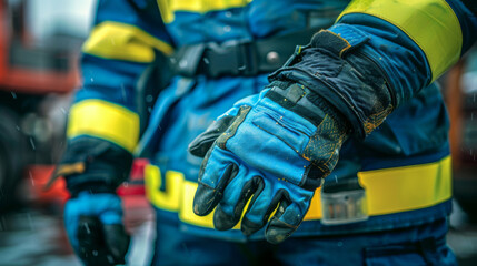 Fototapeta premium Close-up of a firefighter's hands wearing protective gloves, part of essential safety gear for hazardous work.
