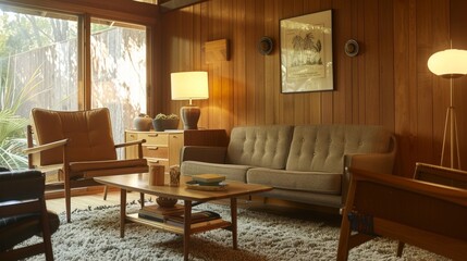 A cozy living room with a midcentury modern vibe adorned with warm wood furniture and Retro Revival Panels in muted earth tones adding a touch of vintage charm to the space. .
