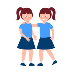 Cute little smiling girls twins in flat design on white background.