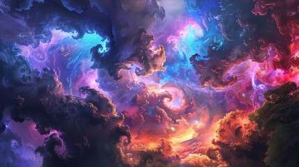 A dreamy world enveloped in vibrant colors and mystical aura effects.
