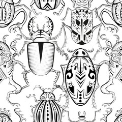 Seamless pattern with mystic decorated bugs against white background. 