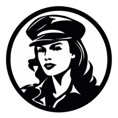 A logo of a long-haired beautiful woman soldier wearing a hat within a circle - obrazy, fototapety, plakaty