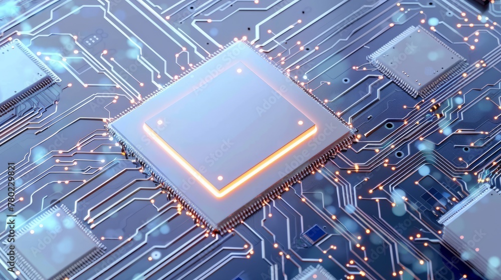 Poster the cpu processor chip is on circuit board, light white and light gray design, dynamic energy flow