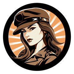 A logo of a woman soldier with brown eyes within a circle - obrazy, fototapety, plakaty