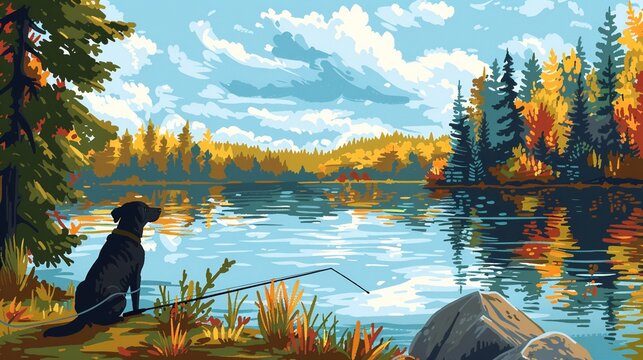 Dog fishing by a forest lake, clipart with vibrant woodland scenery, trees, and a calm water setting, in a cheerful style