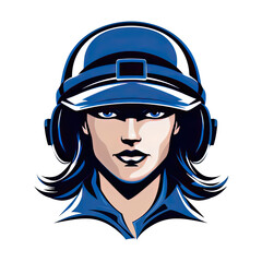 A logo of a woman soldier with a blue helmet looking at the camera - obrazy, fototapety, plakaty