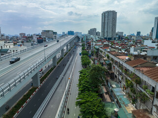 Aerial skyline view of Hanoi cityscape at sunset in Truong Chinh street