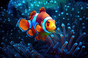 clownfish under water, the tranquil blue neon light accentuating unique colors and bubbles