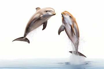 A pair of playful dolphins jumping in synchronized harmony, isolated on white solid background - obrazy, fototapety, plakaty