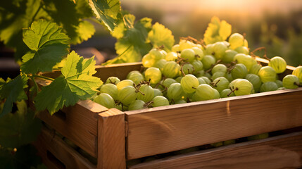 Gooseberries harvested in a wooden box in a farm with sunset. Natural organic fruit abundance. Agriculture, healthy and natural food concept.