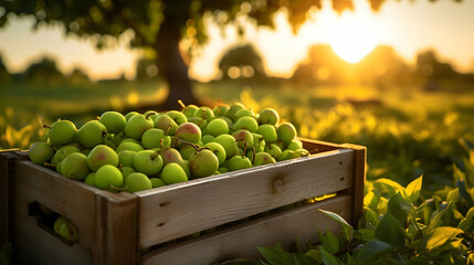 Greengages harvested in a wooden box in an orchard with sunset. Natural organic fruit abundance. Agriculture, healthy and natural food concept. Horizontal composition.