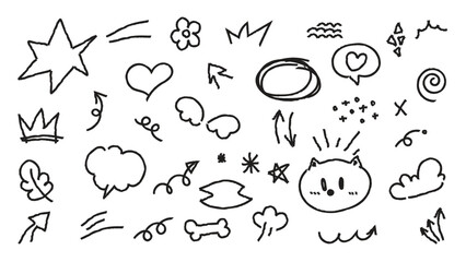 Set of cute pen line doodle element vector. Hand drawn doodle style collection of heart, arrows, scribble, speech bubble, flower, bear. Design for print, cartoon, card, decoration, sticker.
