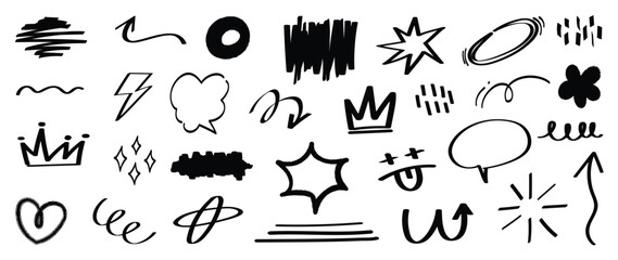 Set of cute pen line doodle element vector. Hand drawn doodle style collection of heart, arrows, scribble, speech bubble, flower, crown. Design for print, cartoon, card, decoration, sticker.