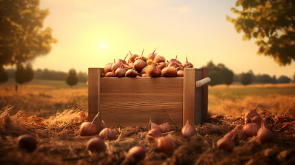 Edible chestnut nuts harvested in a wooden box in a plantation with sunset. Natural organic fruit abundance. Agriculture, healthy and natural food concept.