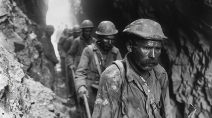 A line of brave miners trudging through thick dusty air their pickaxes in hand as they make their way through a narrow tunnel. Despite the exhaustion and discomfort their expressions .